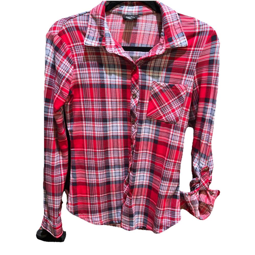 Rue21 Red Blue Plaid Roll Tab Sleeve Chest Pocket Spread Collar Shirt Size Small